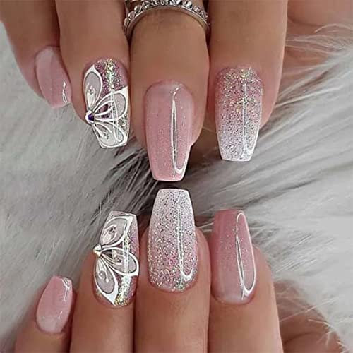 24pcs Short Coffin False Nails Glitter Pink Stick on Nails Flower Design Press on Nail Removable Glue on Acrylic Full Cover Fake Nail Art Accessories for Women
