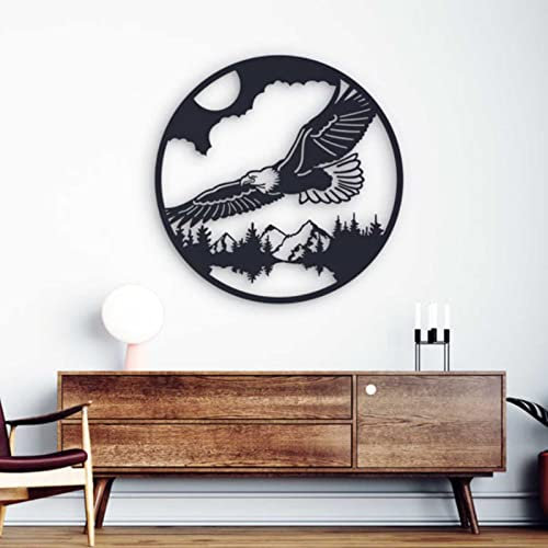 KLZUOPT Round Eagle Metal Wall Art Decor, Metal Eagle Outdoor Wall Art,Eagle Flying in The Forest, for Living Room Black Animals Wall Sculpture Unique Outdoor Birds Metal Decor