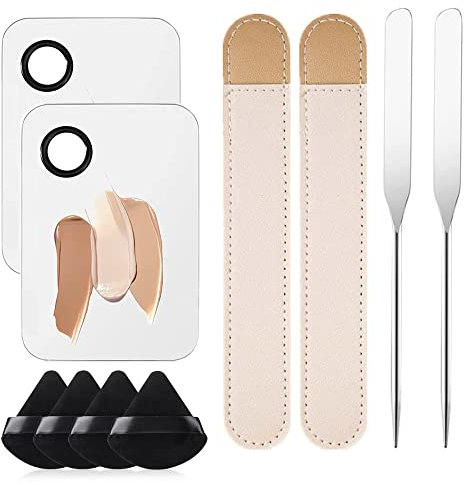 Ygapuzi Stainless Steel Makeup Spatula and Palette Korean Set, Foundation Mixing Palette Spatula with Leather Cover Cosmetic Spatula Tool for Eye Shadow/Eyelash/Nail Art/Makeup Kit