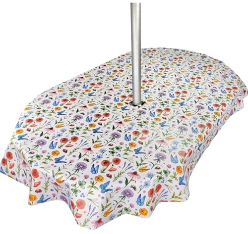 Karina Home Oval Wipe Clean PVC Garden Outdoor Tablecloth Cover with Parasol Umbrella Hole Wildflower Meadow Oval (180 x 140cm)
