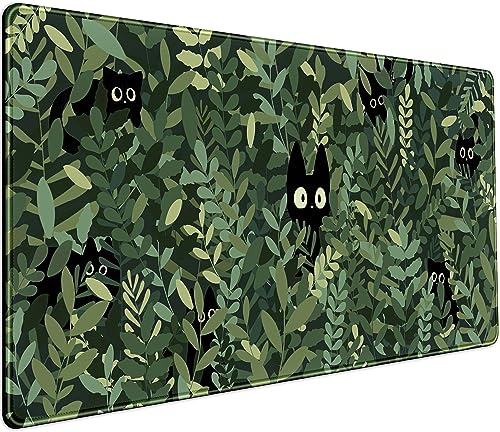 Söt anime katter skrivbordsmatta gröna blad Kawaii musmatta XXL utökad stor spelmusmatta katt, estetisk utökad laptop tangentbordsmatta skrivbordsdyna för kvinnor kontor spelare flicka dekor 80 x 40