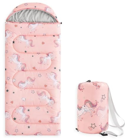 Wake In Cloud - Kids Sleeping Bag for Girls Toddlers, Camping in Warm Cold Weather, Backpacking Lightweight Compact Outdoor Liner for 3 Seasons, Unicorns Stars Hearts, Light Pink
