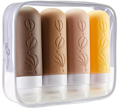 DONGDA Silikon Reiseflaschen Set Mit Kulturtasche, 4 Stück 90ml Reiseflaschen Set Zum Befüllen, Nachfüllbare Reiseflaschen für Shampoo Körperpflege, Auslaufsicher Reise Container/Toilettenartikel Set