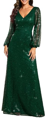 Ever-Pretty Women's Elegant Formal Evening Dresses V Neck A-Line Floor Length Long Sleeves Sparkly Sequin Holiday Party Dress Dark Green US12
