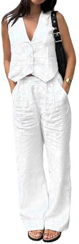 CheJooe 2-teiliges Sommer-Outfit für Damen, ärmellos, Knopfleiste vorne, V-Ausschnitt, Weste, weites Bein, Hose, Leinen, passende Lounge-Sets, Alltagskleidung, A1-Weiß, L