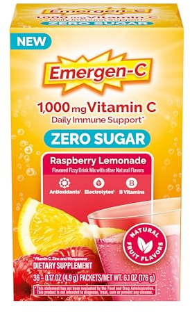 Emergen-C Zero Sugar 1000 mg Vitamin C Powder for Daily Immune Support Caffeine Free Vitamin C Supplements with Zinc and Manganese, B Vitamins and Electrolytes, Raspberry Lemonade Flavor - 36 Count