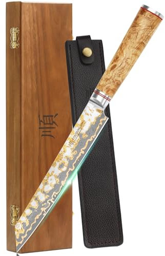YOUSUNLONG Sujihiki Slicing Knife - 8 Inch Sashimi Sushi Knife - Handmade CuMai Copper Damascus Steel - Japanese Yanagiba Carving Knives Ultra Sharp - Naturel Burl Wooden Handle with Leather