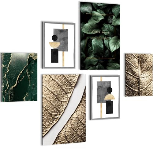 Novart Wandbilder Set Abstrakt Figuren Blätter Gold Grün - KEIN EXTRA RAHMEN BENÖTIGT - Modern Deko - Wohnzimmer Schlafzimmer N006967a