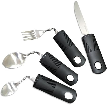 Yisanba 4 Stück Besteck fuer Parkinson Senioren Behinderte - Hilfsmittel Set mit Loeffel Messer Gabel für Linkshaender, Löffel Gebogen Verdickt Griff fuer Kinder Arthrose Rheuma Behinderten Menschen