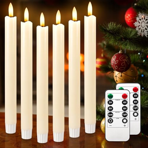 idyl light Flammenlose LED-Kerzen mit Fernbedienung, Timer, 3D-Flacker, batteriebetrieben, Echtwachskerzen, 6 Stück, für Weihnachten, Zuhause, Hochzeitsdekoration (2,2 x 24,8 cm) (Ivory White)