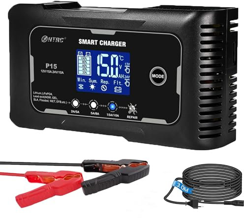 SolaMr Lithium Lifepo4 Battery Charger, 15 Amp 12V and 24V Portable Smart Car Battery Charger, Trickle Charger for Lead-Acid(AGM/Gel/SLA..), Deep Cycle Charger for Marine, RV, Motorcycle (P15)