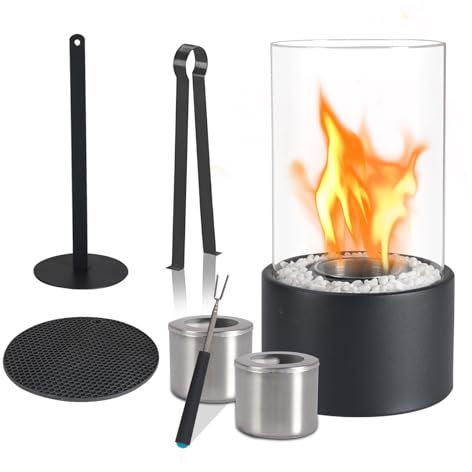 Tischkamine & 3h Brenndauer,Tischfeuer Outdoor mit 2 Brennkammern Und Deko Steinen,Bioethanol Tischkamin für Indoor Und Outdoor Balkon Terrasse Wohnung Garten Deko, Schönes Flammenspiel