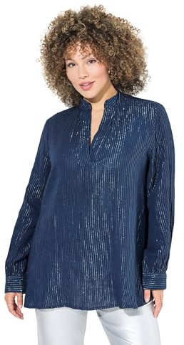 Ulla Popken Bluse, Metallic-Streifen, A-Linie, V-Ausschnitt, Langarm Camicia da Donna, Blu Inchiostro, 52/54 IT