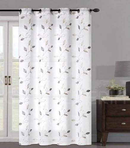 GBiancheria Tendaggio Tenda MILDRED Ricamo FOGLIE con Anelli in Alluminio mis.140×290 (1, Grigio/Bianco)