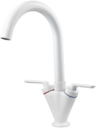 Vita White Kitchen Sink Tap – Double Lever, High Swan Neck Mixer, 360-Degree Swivel Spout, Deck Mounted, Brass Construction