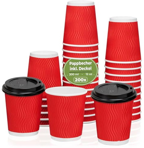 MH QUALITY 200x Kaffeebecher to go Rot doppelwandig Riffelwand 300 ml / 12 Oz mit Deckel Schwarz 200 Stück