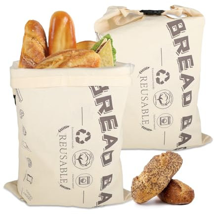 Lot de 2 sacs à pain - Sacs de congélation réutilisables en coton pur et TPU de qualité alimentaire - Grands sacs à pain résistants au congélateur pour pain fait maison - 42 x 32 cm