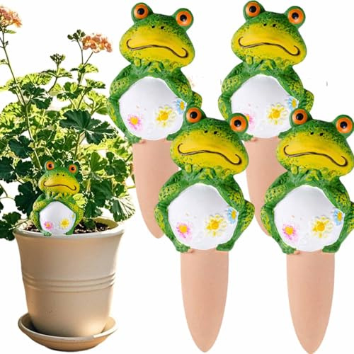 CCFREELIFE Terrakotta-Bewässerungsspikes für Zimmerpflanzen – Selbstbewässernde Stäbe mit niedlichem Design, kleine Pflanzenbewässerungsgeräte, helle und fröhliche Gartendekoration (Frosch, 4 Stück)