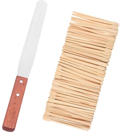 Spatola per ceretta in metallo con manico in legno, con 100 bastoncini di cera riutilizzabili in legno, strumento applicatore per depilazione