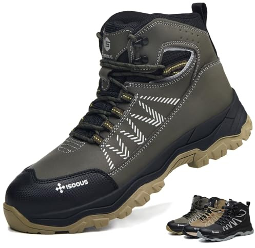 ISOOUS Scarpe Antinfortunistiche Uomo Alte Scarponi Antinfortunistiche Donna Leggere Stivali da Lavoro Comode Punta in Acciaio Verde dell'esercito 43 EU