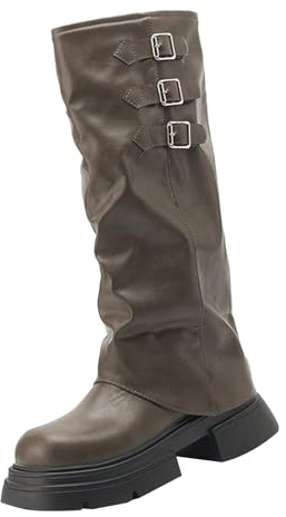 Botas de piel para mujer, estilo gótico, con hebilla, plegables, largas, botas de caña ancha, hasta la rodilla, punta redonda, botas de piel sintética, botas de motociclismo, 01 caqui., 41 EU