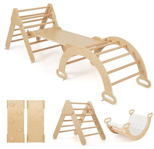 DREAMADE Montessori Kletterdreieck mit Kletterbogen und Rutsche, Holzdreieck für Kleinkinder ab 1 Jahre, Kletterspielzeug, Indoor Klettergerüst Rutschen und Klettern (Natur, mit Kissen)