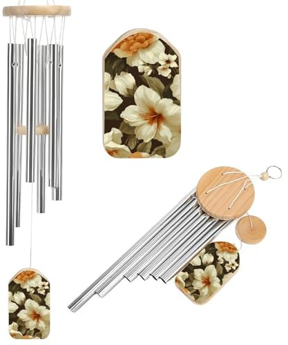 Dunkelbraunes Windspiel mit Vintage-Blumen und Blumenmuster, Gedenkspiel, tiefer Ton, Windspiel mit 6 Aluminiumrohren, Outdoor-Hinterhof, Gartendekoration