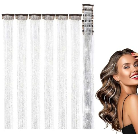 LEPZUR 12 Pezzi Ciocche di Capelli Glitterate per Donna, Hair Tinsel, Ragazze e Bambine, Extension Capelli per Decorazioni e Forniture per Feste(Argento)