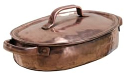 Pentola Ovale in Rame Fatta a Mano, Stagnata all'Interno, Batteriostatica, Conduzione Ottimale del Calore, Artigianale (29 x 21 x 7 cm)