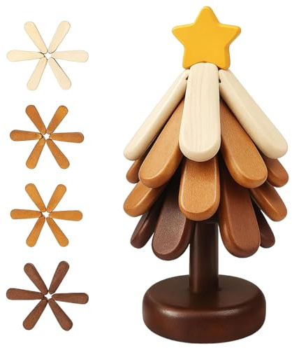 Sottopentola in legno, design pieghevole, 11 x 27 cm, set di sottopentola a forma di albero di Natale, presine, supporto integrato, per cucina, picnic, pranzo, vacanze, pasti quotidiani