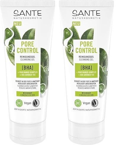 SANTE Naturkosmetik Pore Control Reinigungsgel - 100 ml - mit BHA & Niacinamid-Effect- porentiefe Reinigung mit Bio-Grünem Tee - mattierend & feuchtigkeitsspendend - vegan & dermatologisch getestet