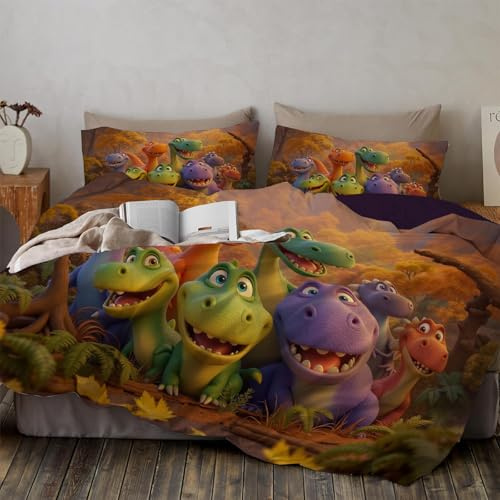 Housse De Couette Dinosaure De Dessin Animé 140X200 Adulte Enfant Motif Animaux Amusants De La Forêt Parure De Lit 1 Person Avec Fermeture, Taie D'Oreiller, Douce Linge De Lit Microfibre, Brun