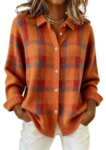 Cardigan boutonné décontracté à imprimé écossais pour femme, cardigan en tricot duveteux, décontracté, cardigan court en tricot à carreaux, 10270116, M