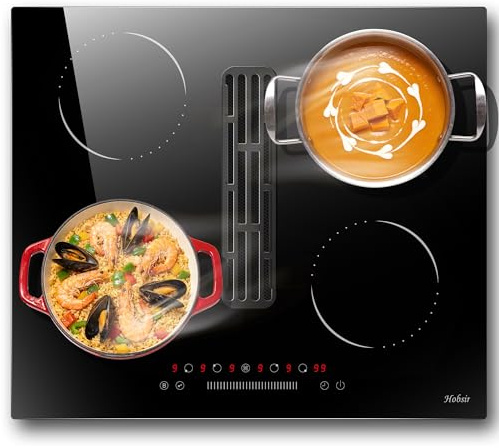 Hobsir Induction Hob with Extractor Hood, 60cm Built-in Induction Hob with 4 Zones 6400W 9 Power Levels, Flex, Boost, Child Lock, Slider Control, Timer
