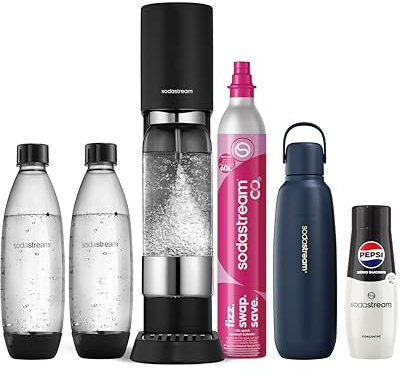 Sodastream Ensō Machine à Eau Pétillante et Soda | Pack 3 Bouteilles 1L + 1 Recharge de Gaz 60L +1 Gourde Isotherme Fizz&Go Cool Bleue + 1 Concentré Pepsi Zéro Sucres| Finition Acier Inoxydable