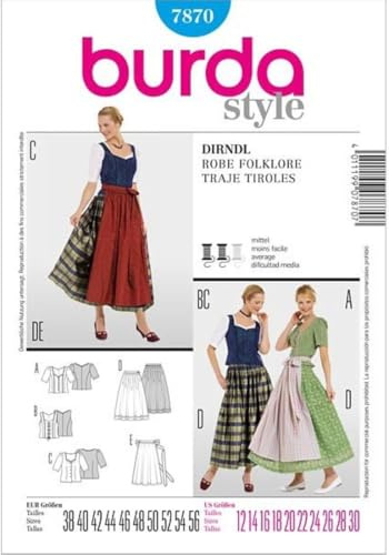 Burda Mönster 7870 Dirndl, Traje Tyroles stl. 38–56