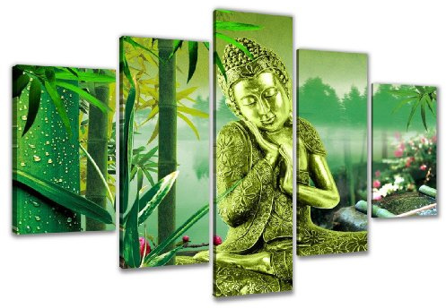 Visario Leinwandbild Buddha 5-teilig 160x80 cm 5521 – Wandbild ruhender Buddha grün mit Bambus am See, Zen, XXL Kunstdruck auf Leinwand mit Holzrahmen, Wanddeko Wohnzimmer Spa