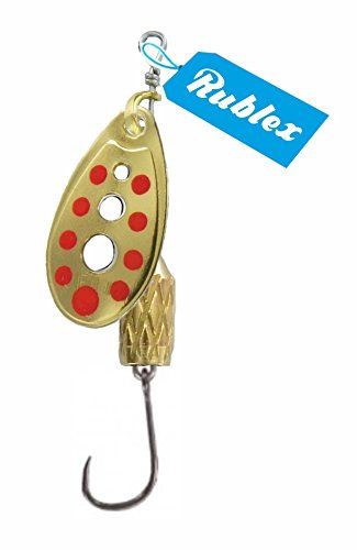 Rublex - Pack de 5 Cucharillas de Pesca C-Turbo-2 OPR | Cebo Artificial de Pesca con Anzuelo Simple sin Muerte, Sistema de Clip y Acción de Giro Mejorado, Oro Puntos Rojos, 3'5gr