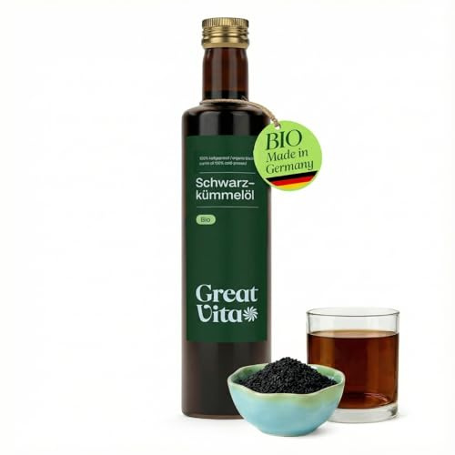 GreatVita Schwarzkümmelöl Bio 500 ml | 100% rein, vegan, kaltgepresst und gefiltert - Ideal für Küche & Pflege - Aufdruck kann varrieren