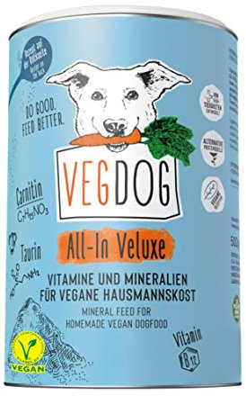 VEGDOG ALL-IN VELUXE vegane Nahrungsergänzung für adulte Hunde mit Vitaminen, Mineralien und Aminosäuren, Mineralpulver zum Selberkochen für Allergiker (500 g)