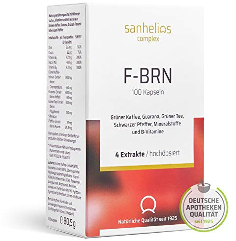 Sanhelios F-BRN Komplex Kapseln - Grüner Tee, Grüner Kaffee, Guarana, Schwarzer Pfeffer, Zink, Vitamin-B, Mineralstoffe - Deutsches Apothekenprodukt - Vegan, 100 Stück