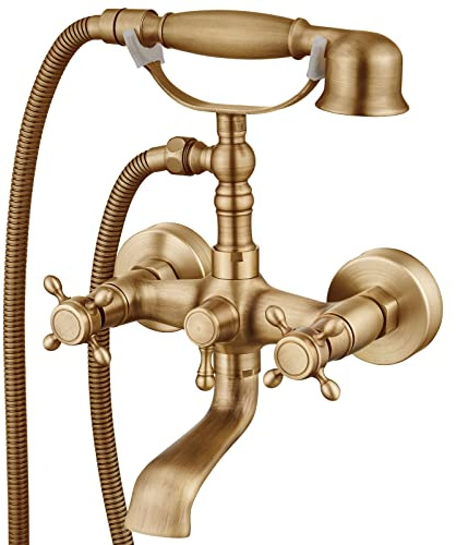 Aolemi Wall Mount Bathtub Faucet with Handheld Sprayer Antique Brass Tub Shower Faucet Vintage Double Cross Handle Swivel Spout Mixer Tap for Bathroom Telephone Shaped Shower Kit