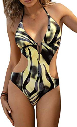 heekpek Traje de Baño Mujer una Pieza Sexy Bikini con Cuello en V Bikinis Brasileños Swimsuit Women, Amarillo, M