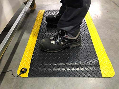 Duplex Pro ESD | ESD-Arbeitsplatzmatte mit 2 x Druckknopf + Erdungskabel |2-lagig + leitfähig | Made in Germany | Rautenprofil |14 mm hoch (90cm x 120cm, Schwarz/Gelb)