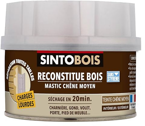 SINTOBOIS - Pâte à Bois Charges Lourdes - Reconstitue Parties Manquantes - Passages Fréquents et Charges Lourdes - Intérieur Extérieur - Sec en 20min - Chêne Moyen - Technique Professionnelle - 550g