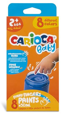 CARIOCA Tempera a Dita Baby, Set di Tempere Lavabili per Bambini 2 Anni+, Colori Brillanti, Lavabili, Atossici e Inodori, Dermatologicamente Testati, Kit Pittura Bambini con 8 Colori Assorti da 50 ml