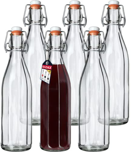 KADAX Universale Flasche mit Bügelverschluss, dichte Bügelflasche, vintage Glasflasche, Trinkflasche, Likörflasche, Saftflasche, Bügelverschlussflasche (1000ml, 6 Stück)