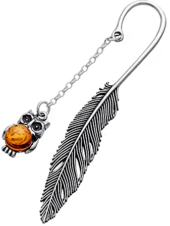 AMBEDORA Lesezeichen Sterling Silber Oxidiert Rund Baltischer Bernstein Cognac Farbe Silber Lesezeichen Kleine Eule mit Bernstein D. 8,2 cm