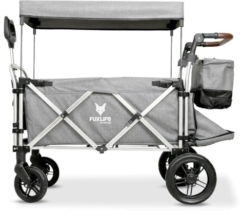 FUXLIFE Chariot Pliable Enfants FX-CTL950 Gris Premium • Wagon avec Toit Solaire • Intérieur Rembourré • Harnais 5 Points • Roues à Suspension • Sac Isotherme