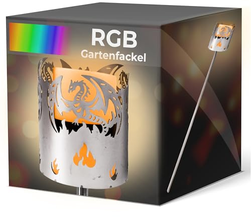 Gartenfackel RGB LED Leuchte Motiv Drache - Rost Lampe Gartenlampe RGB LED Leuchte für draußen Gartenleuchte Fackel Garten